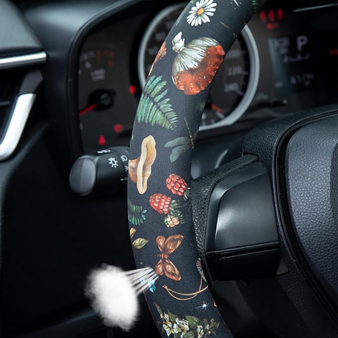 Woodland Fern Moth Dragonfly Mushroom Amanita Steering Wheel Cover Auto Steering Wheel Protector, Anti-Slip, Breathable, Absorbing Sweat, Universal Car Accessories 14.5–15 inch