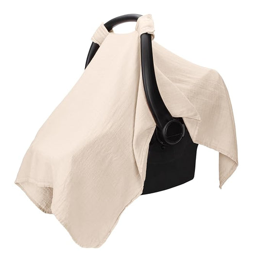 Comfy Cubs Baby Car Seat Cover - Soft, Breathable Bamboo Rayon and Muslin Cotton Blend - Lightweight Canopy for Sun, Bug, and Comfort Protection - Large Size Infant Seat Cover in Sand Design