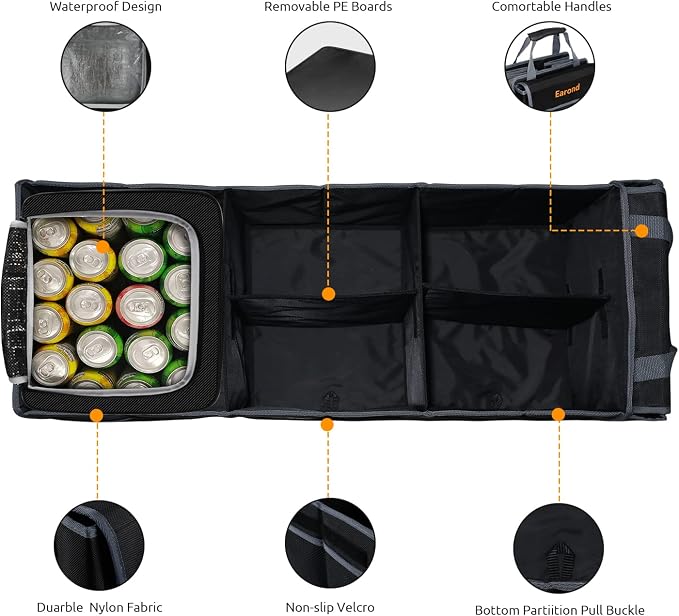 Collapsible Trunk Organizer with Insulated Leakproof Cooler Bag,Removable Lid,Adjustable Securing Straps,3 Compartments Trunk Organizer for SUV,Truck,Sedan(Grey & Black)