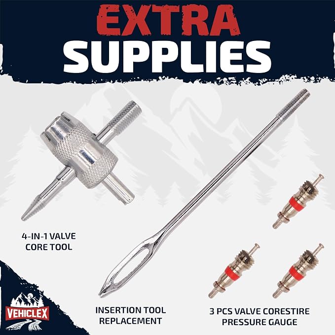 Vehiclex Tire Repair Kit for Plug and Patch with Aluminum Handled Tools - Emergency Kit with Pliers in Zippered Bag for Car, Motorcycle, ATV, Tractor, Lawn Mower