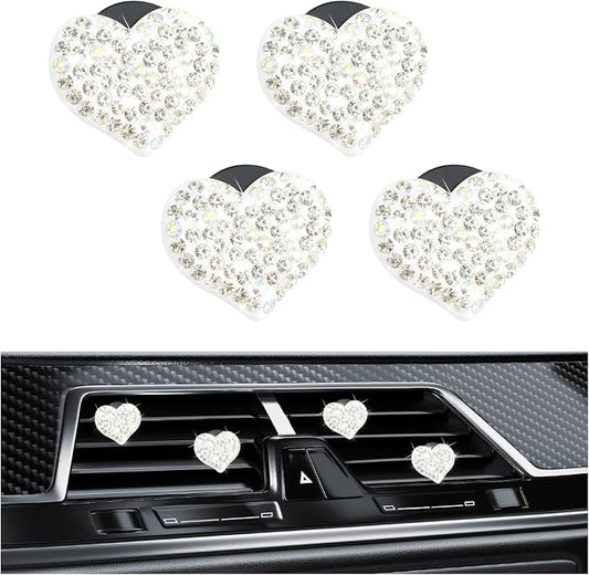 4PCS Bling Car Vent Clips with Rhinestone,Cute Heart Air Vent Clips for Interior Decorating,Shiny Air Vent Clips Car Accessories as Birthday Gifts for Women & Girls (White)