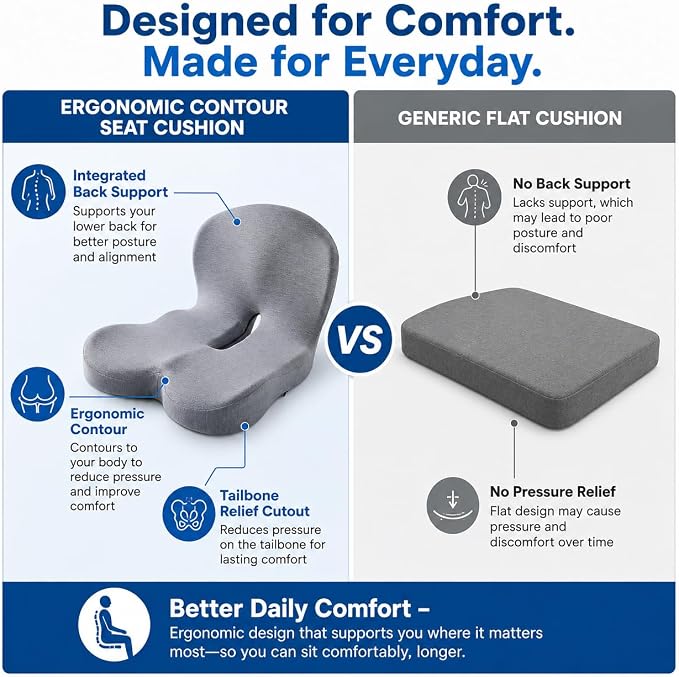 Orthopedic Memory Foam Car Seat Cushion for Sciatica & Back Pain Relief - Ergonomic Non-Slip Office Chair Cushion & Car Cushions for Long Driving with Lumbar Support, Universal Fit (Black)