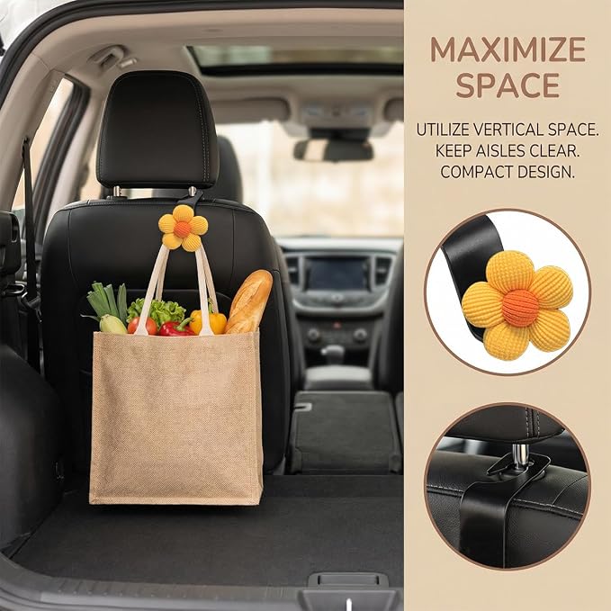 2PCS Car Seat Headrest Hook, Cute Flower Vehicle Backseat Purse Handbag Storage Hanger, Floral Auto Seat Back Holder Hook for Coat Umbrella Grocery, Universal for Vehicles (Brown/Yellow)