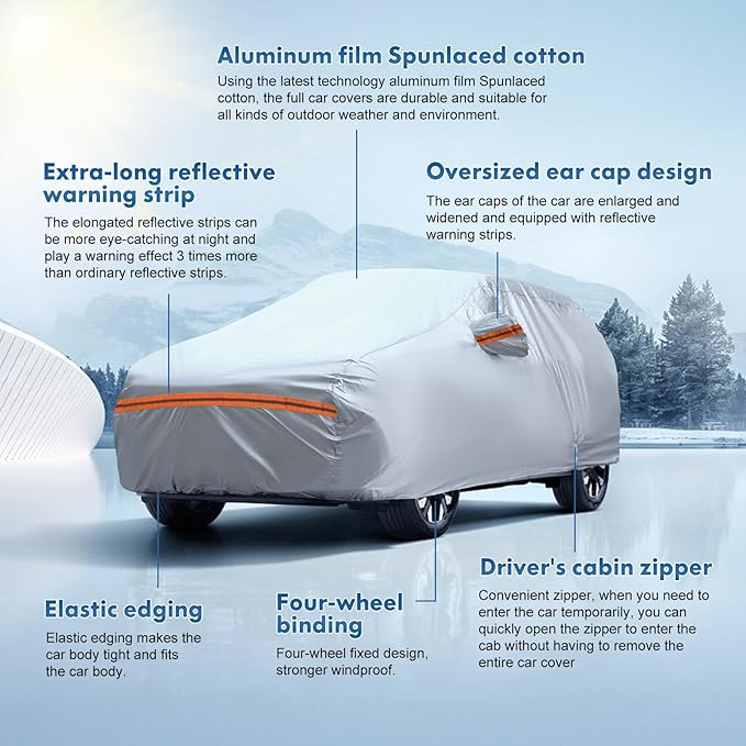 6-Layer Full Car Cover is All-Weather Waterproof, Universal in All Seasons, Snow Prevention Rainproof, Acid Rainproof, Sunscreen, Ultraviolet-Proof, Fit MPV 199"-210" Orange Reflective Strip