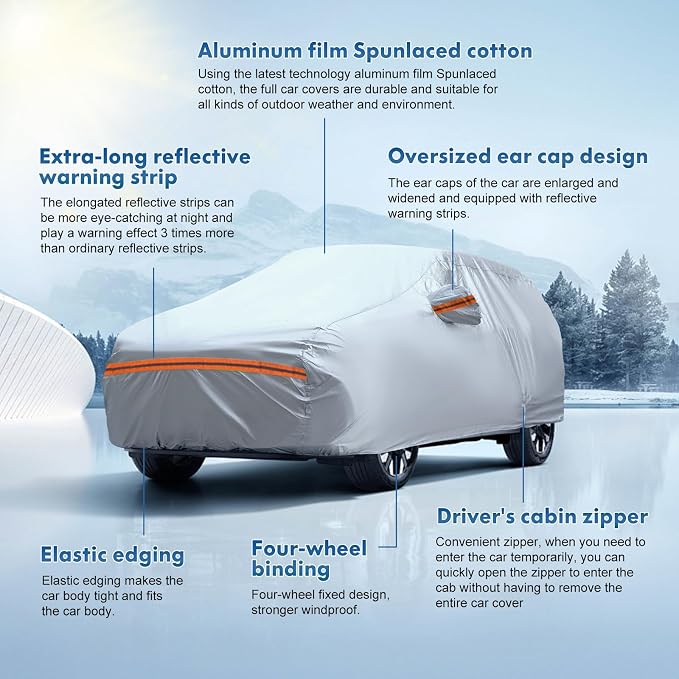 Fit for 188"-199" Length SUVs, 6-Layer Full Car Cover is All-Weather Waterproof, Universal in All Seasons, Snow Prevention, Rainproof, Acid Rainproof, Sunscreen, Orange Reflective Strip