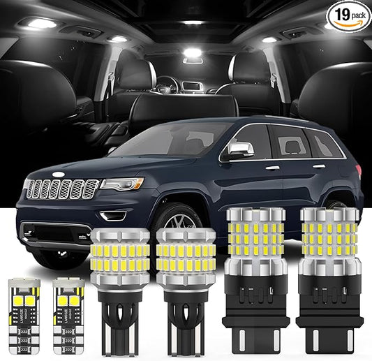 19 Pieces Interior LED Light Kit + Back Up Bulb Reverse Lights Replacement for Jeep Grand Cherokee WK2 2011-2021 White LED Backup Light + Interior Bulb Package, Install Tool