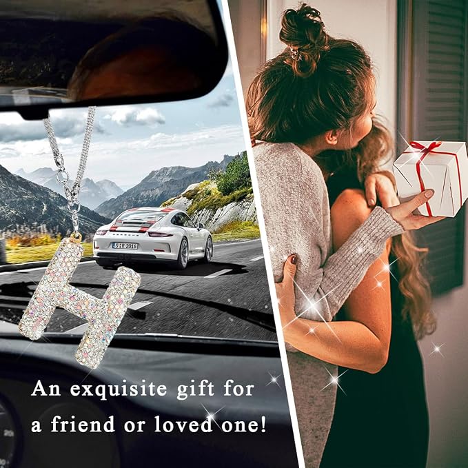 DXNQ Bling Initial Car Rear View Mirror Ornament, Crystal Sparkling Cute Letter Charm Pendant Auto Decor, Hanging Lucky Diamond Initial Charm Car Mirror Bag Ornament for Girl Women (Letter H)