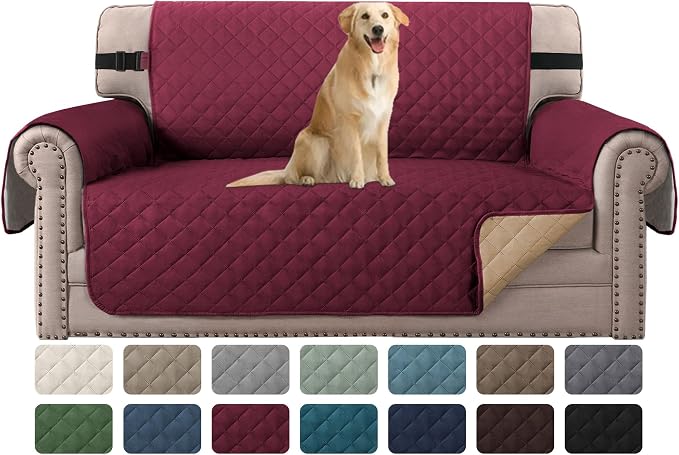 H.VERSAILTEX Reversible Loveseat Couch Cover for 2 Cushion Couch Loveseat Slipcover Loveseat Cover for Dogs Water Resistant Furniture Protector with Elastic Strap(Loveseat, Red/Tan)
