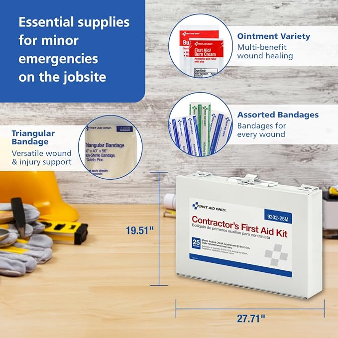 First Aid Only 9302-25M 25-Person Contractor's First Aid Kit for Home Renovation, Job Sites, and Construction Vehicles, 178 Pieces, White