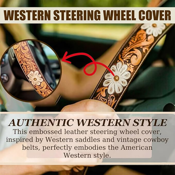 Western Cowboy Steering Wheel Cover - Retro Tooled Leather, Embossed Hand-Painted Design, Universal 15 Inch Anti-Slip Cover for SUV, Truck, Car, Breathable All-Weather, Easy to Install (Style-C)
