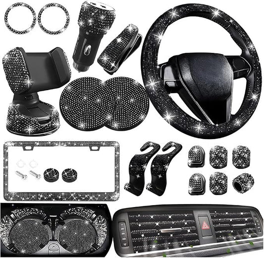 27PCS Bling Car Accessories Set for Women, 14.5-15" Crystal Rhinstone Steering Wheel Cover, License Plate Frame, USB Charger Phone Holder, Girly Auto Interior Decor Set, Universal Fit (Black)