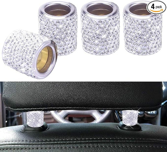 Car Headrest Head Rest Collars Rings Decor Bling Bling Crystal Diamond Ice Stainless Steel Car Decorations for Car SUV Truck Interior Decoration Blings 4 Pack White