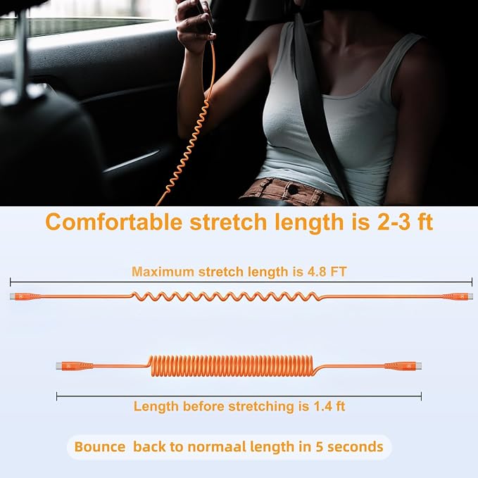 USB C to C Cable [3FT+6FT], Coiled USB C Fast Charging Cable for CarPlay | 2Pack iPhone USB-C Cable/Android Auto USB C Cord USB Type-C Cable for iPhone 17/16/15/Pro Max/Galaxy S26 S25 and More-Orange