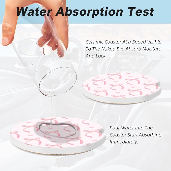 Cute Pink Bow Car Coasters for Cup Holders,2 Pack Car Cup Holder Coasters for Car,Ceramic Absorbent Car Coaster with A Finger Notch and Cork Base,Car Interior Accessories for Women Men