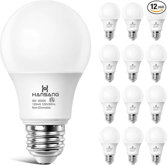 12 Pack A19 LED Light Bulbs, 60W Equivalent, Daylight Light 5000K LED Bulb with E26 Standard Base, Efficient 9W, Non-Dimmable, 800 Lumens, 120V, CRI 85, Eye-Friendly for Bedroom Living Room