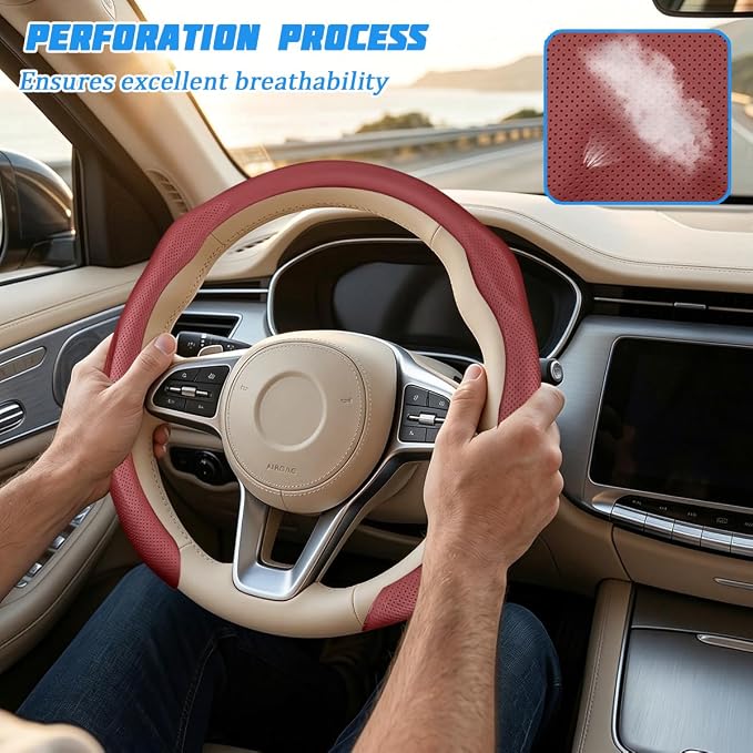 Car Steering Wheel Cover, Comfortable Grip Non-Slip Breathable Vehicle Steering Wheel Protector, Automotive Interior Decoration Accessories, Universal Fit (Red)