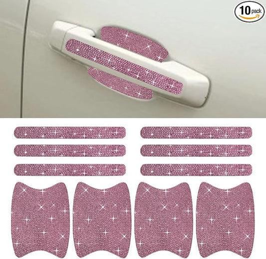 ZIMISI 10PCS Bling Car Door Handle Protector, Crystal Rhinestone Anti-Scratch Car Bowl Decoration Sticker Decal, Universal Auto Exterior Door Protective Covers Accessories for Women (Pink)
