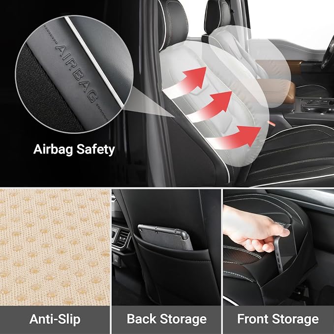Coverland Custom Truck Car Seat Covers Front Seats for [2010-2014 F150 SVT Raptor SuperCrew Cab] - Protector Water Resistant Leather Memory Form Seat Cushion [Front - Black with White Stitching]