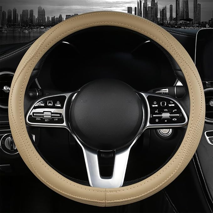 Cowhide Steering Wheel Cover Heat Resistant Anti-Slip Car Wheel Wrap Compatible with Most Makes and Models of Cars and Trucks with 14.5 to 15 Inch Steering Wheel