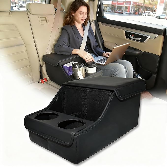 Backseat Car Organizer, Middle Seat Organizer With 4 Storage Compartments 2 Cup Holders, Back Seat Center Hand Rest Toy Storage for Toddler Kids Family Travel Roadtrip Essentials for SUV Truck Van