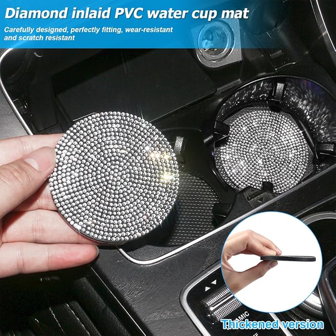 Osilly 27PCS Bling Car Accessories Set for Women, 15 Inch Reinestone Crystal Steering Wheel Covers License Plate Frame USB Charger Phone Holder Coasters, Vehicle Decorations, Universal Fit（Pink）