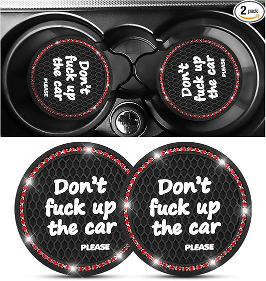 2 Pack Bling Car Coasters for Cup Holder, Crystal Rhinestone 2.75 in Cup Holder Coaster, Silicone Anti-Slip Insert Cup Mats for Women, Interior Accessories Universal for Most Cars (Black/Red)