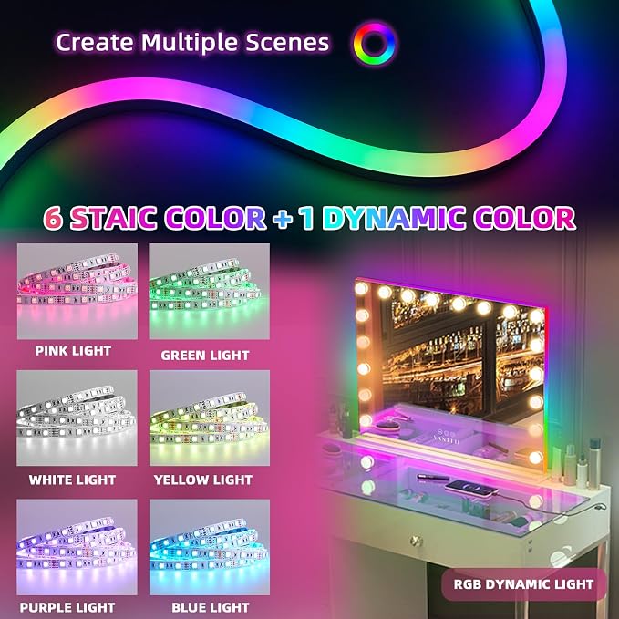 VANITII Vanity Mirror with RGB Lights 32"x23" Hollywood Makeup Mirror with 18 Dimmable Bulbs Lighted Vanity Mirror with Smart Touch for Bedroom Dressing Room