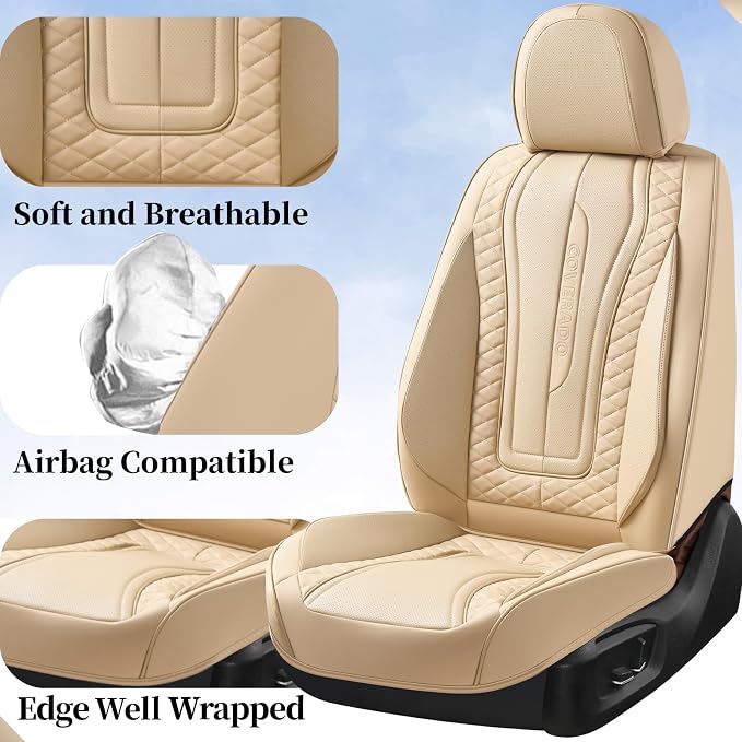 Coverado Car Seat Covers, Front Seat Cover 2-Pack, Faux Leather Waterproof Seat Covers, Car Seat Protectors,Driver Seat Covers Automotive Seat Covers Accessories Universal Fit Most Vehicles Beige