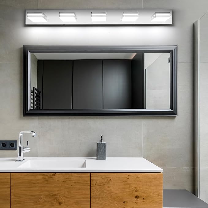SineRise LED Modern Bathroom Vanity Light Fixtures (5-Light, 40-Inch), Chrome Modern Acrylic Bathroom Wall Lighting Fixtures Over Mirror (Cool White 6000K)