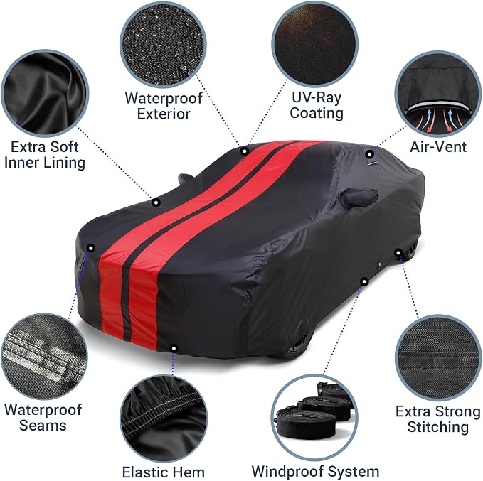 iCarCover Premium Heavy Duty Car Cover - Waterproof All Weather Rain UV Protection, Charger, XJ8, XJR, Lesabre, Impala, XTS, V90, S-Class, Size C29 (See Size Chart), Stripe - Black/Red
