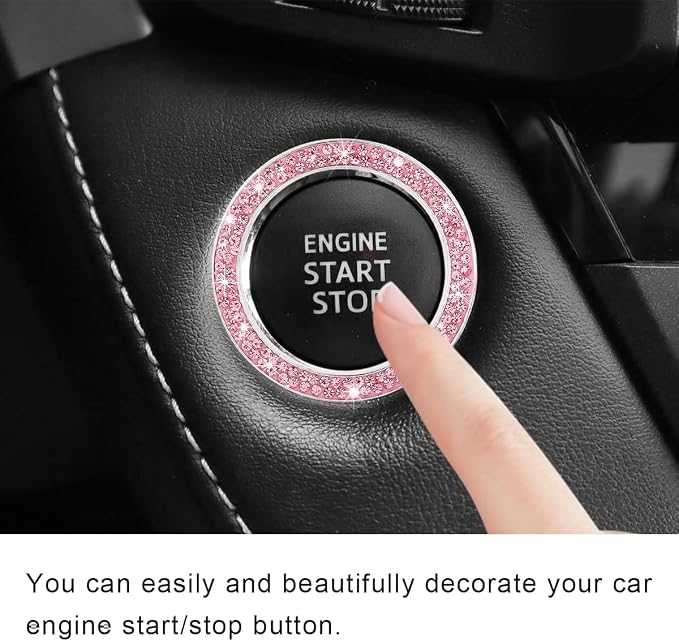 2 PCS Car Bling Crystal Rhinestone Engine Start Ring Decals, Sparkling Diamond Car Push Start Button Ignition Ring Sticker, Auto Key Ignition Knob Ring Decoration for Women Girls (Pink)