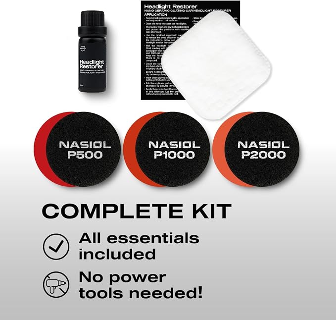 Nasiol Headlight Restorer, Nano Ceramic Restoration and Protection Kit, No Power Tools Required, Brings Headlights Back to Like New Condition, Ultimate UV Protection, 3+ Years Durability