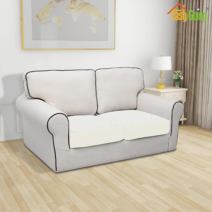 Easy-Going Waterproof Loveseat Cushion Covers, Non-Slip Leakproof Sofa Seat Cushion Slipcovers, Quilted and Stretch Furniture Protector for Dogs, Pets (2-Piece Loveseat Cushion, Ivory)