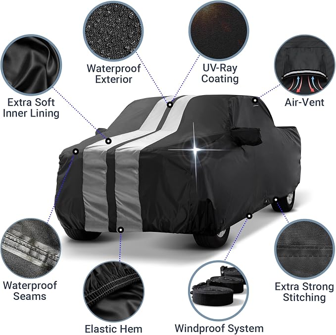 iCarCover Premium Heavy Duty Truck Car Cover - Waterproof All Weather Rain Snow UV Protection, Ram 2500 3500, Silverado 2500HD 3500HD, Sierra 2500 3500, Size T75 (See Size Chart), Stripe - Black/Gray