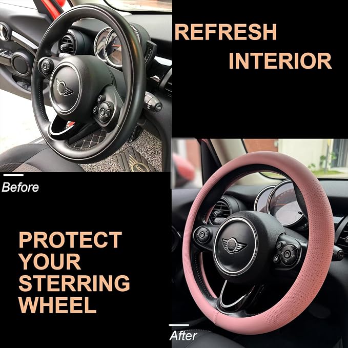 PINCTROT Nappa Leather Steering Wheel Cover, Slim Fit No Bulk Design, One Piece Leather with Breathable Perforation, Fit Like Gloves, Universal 14.5-15 Inch(Nappa Pink)