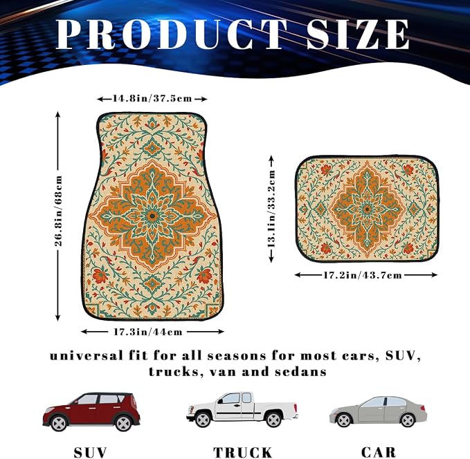 Orange Car Floor Mats Set of 4 Bohemian Floral Vine Automotive Foot Mats Rugs Carpet for Car Non-Slip Auto Car Accessories Universal Fit for Car SUV Truck Van