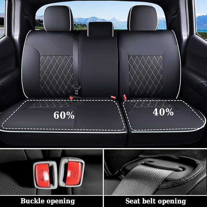 Coverado Tacoma Seat Covers Full Set, Faux Leather Seat Covers Custom Fit for 2016-2023 Toyota Tacoma Double/Crew Cab Base Prerunner SR5 Limited TRD Sport Interior Covers (White Line)