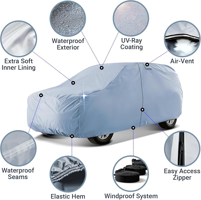 iCarCover 18-Layers Premium Universal Fit SUV Car Cover Waterproof All Weather Sun Rain Snow UV Protection Outdoor Indoor Full Exterior Covers for Automobiles Sedan Hatch Coupe Fit for 145-154 inch