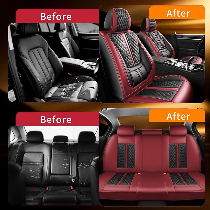 Fit Titan Car Seat Covers Compatible with Nissan Titan 2009-2024 2025 2026.Full Coverage Waterproof Leather,All-Weather Seat Cushion Protector-Easy Installation(5 Seats Full Set,Red)