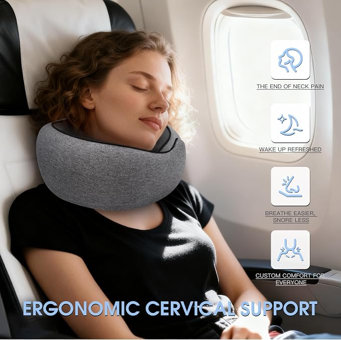 Neck Travel Pillows for Airplanes Memory Foam Neck Comfort Pillow Compact Ergonomic Design Sleeping Essentials for Long Flights Car Rides and Home Use (Grey)