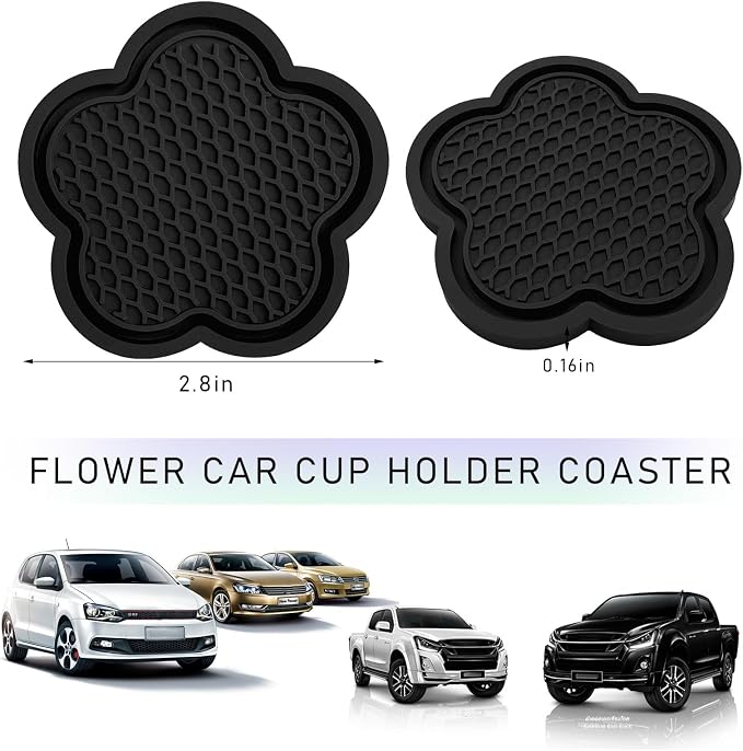 DXNQ 2 PCS Car Cup Coasters, Cute Flower Shaped Car Cup Holder Mat, PVC Waterproof Anti Slip Vehicle Cup Holder Insert Coaster, Universal Car Interior Decor Accessories (Black)