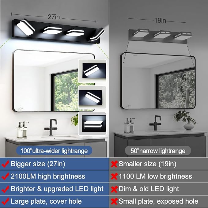 Torondo 360° Rotate LED Bathroom Vanity Light Fixtures, Acrylic Vanity Lights for Bathroom, Modern Wall Lighting Fixtures Over Mirror Living, Matte Black, Natural White, 4-Light, 27-Inch