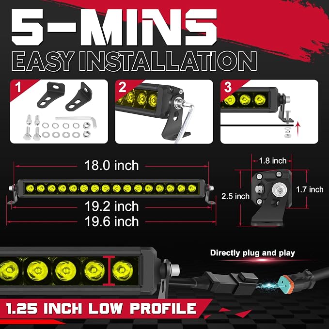 OFFROADTOWN 18 Inch 160W Amber LED Light Bar Single Row Off Road Driving Lights Spot Bumper Grille Bars Slim Yellow LED Work Light with Wiring Harness for Truck Pickup UTV SUV Toyota RZR