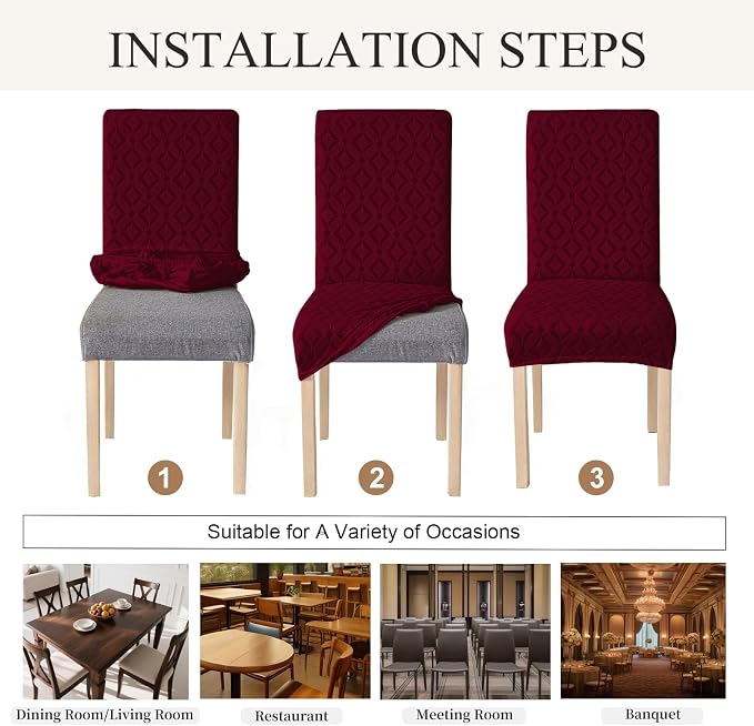 Genina Waterproof Chair Covers for Dining Room Set of 6, Removable Washable Chair Slipcover Protectors, Wine Red