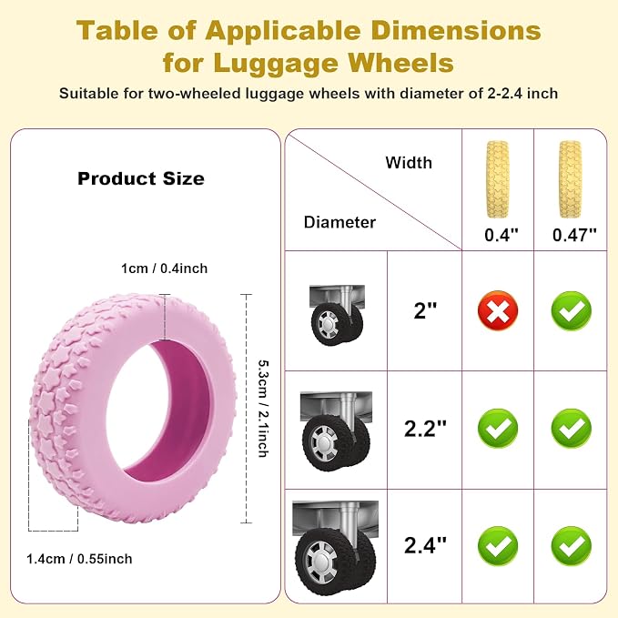8PCS Silicone Luggage Wheel Covers for 2-2.4" Luggage Wheel Protector,Pink | Protective suitcase wheel sleeves for compatible carry-on luggage, daily travel rolling, and one 4x2 double-wheel suitcase.