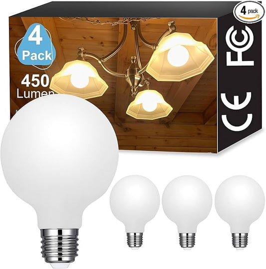Vinaco Glass G25 led Globe Light Bulbs Dimmable 6W 120V 2700K for Bathroom | 4PCS, Milky Frosted Glass, 60W Eq. 450LM, 360°Beam,Warm White, NO Flicker, High CRI90+, E26 Base, for Makeup Mirror & Pendant