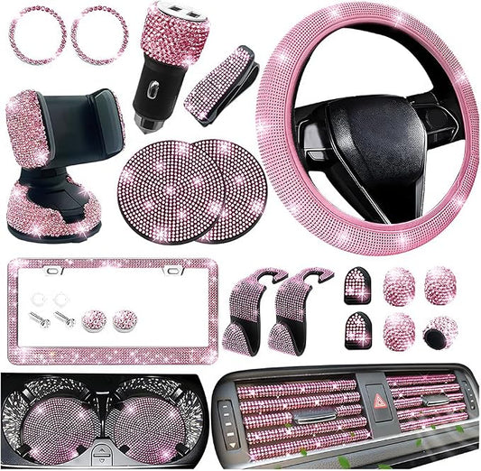 27PCS Bling Car Accessories Set for Women, 14.5-15" Crystal Rhinstone Steering Wheel Cover, License Plate Frame, USB Charger Phone Holder, Girly Auto Interior Decor Set, Universal Fit (Pink)