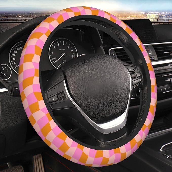 Groovy Checkered Abstract 70s Retro Steering Wheel Cover For Women Men Girls Car Accessories Decor Anti-Slip Neoprene Auto Steering Wheel Covers Protector Universal 15 Inch