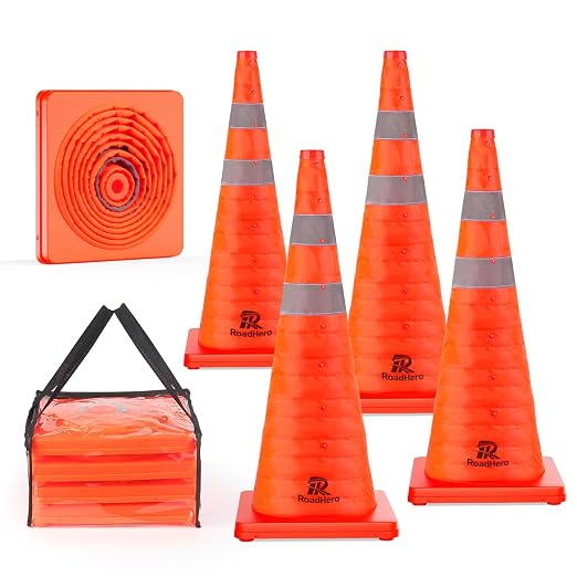 RoadHero 28 Inch 4 Pack Collapsible Traffic Safety Cones, Multi Purpose Pop-up Cones with Reflective Collar for Road Safety, Orange Cones for Driving Training, Parking Lots