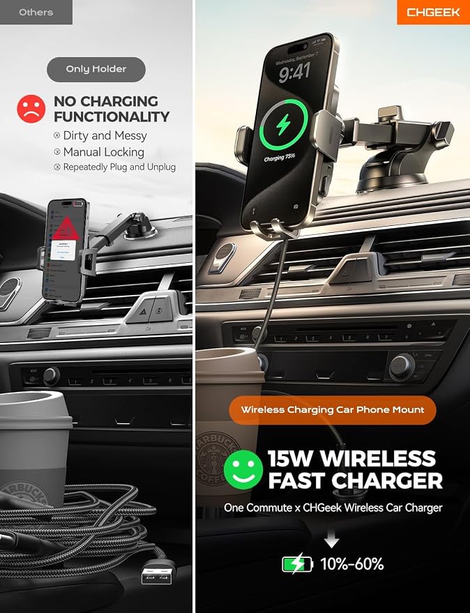 Wireless Car Charger Phone Holder Mount, 15W Fast Charging Auto Clamping Phone Holders for Your Car Dashboard Windshield Air Vent Car Accessories for iPhone, Samsung Galaxy, Google Pixel etc